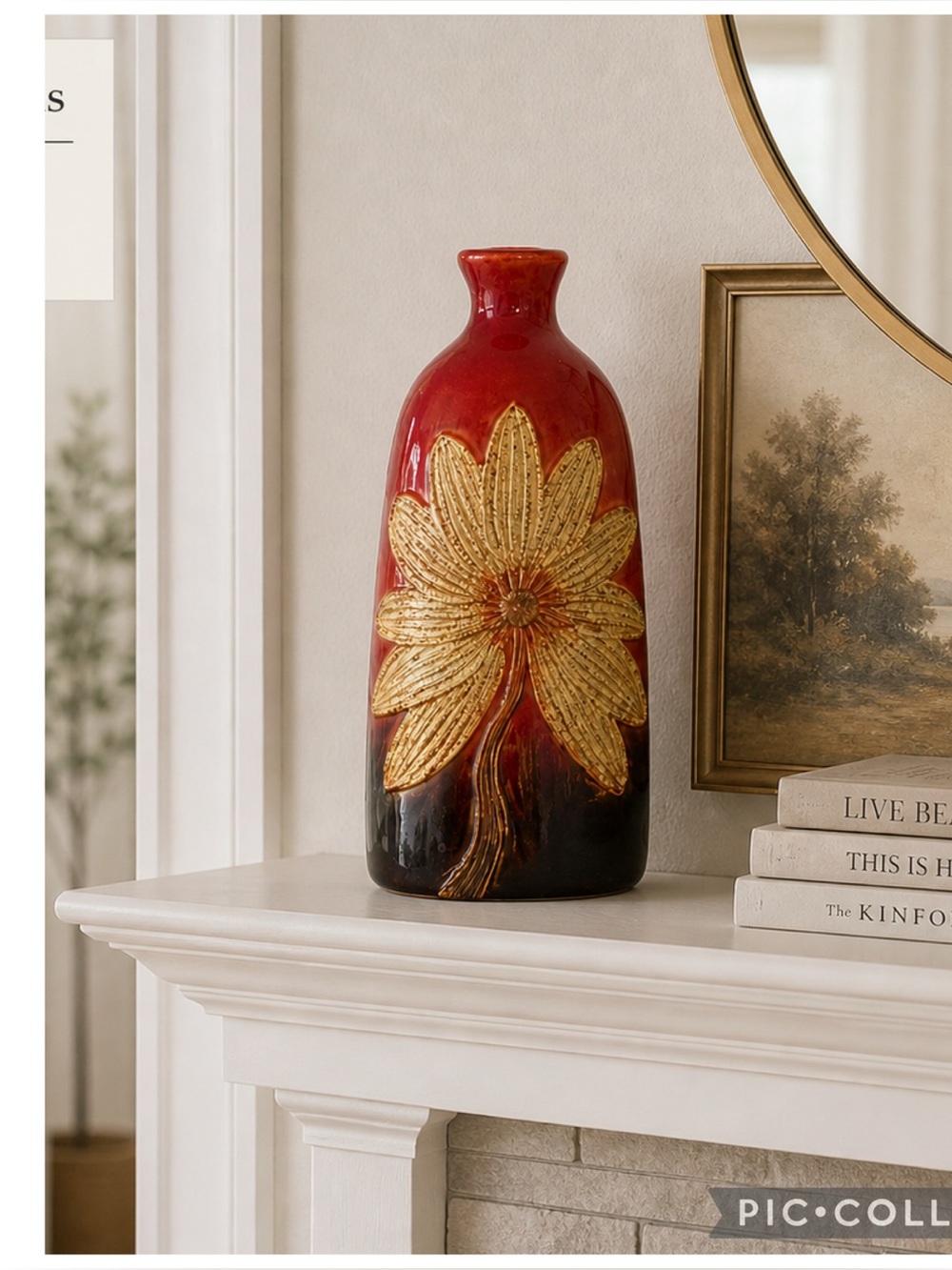 Hand Painted Floral Decorative Vase Raised Flower Distressed Art Pottery